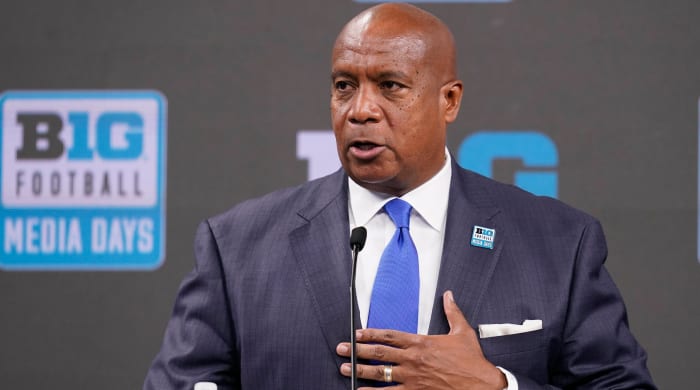 Big Ten Commissioner Kevin Warren talks to reporters during an NCAA college football news conference at the Big Ten Conference media days, at Lucas Oil Stadium, Tuesday, July 26, 2022, in Indianapolis.